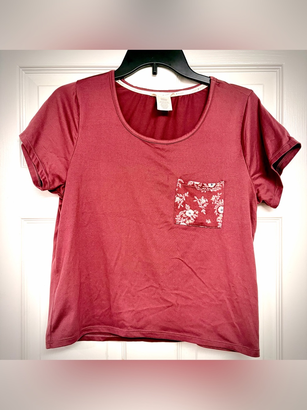 Lucky Brand Burgundy Scoop Neck Tee with Floral Pocket
